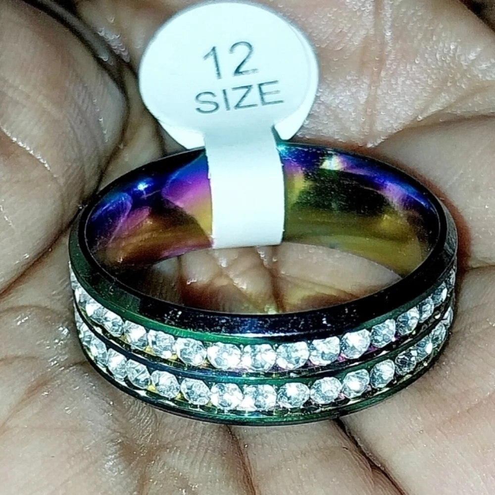 Iridescent Unisex Stainless Steel Rainbow Crystal Band Ring